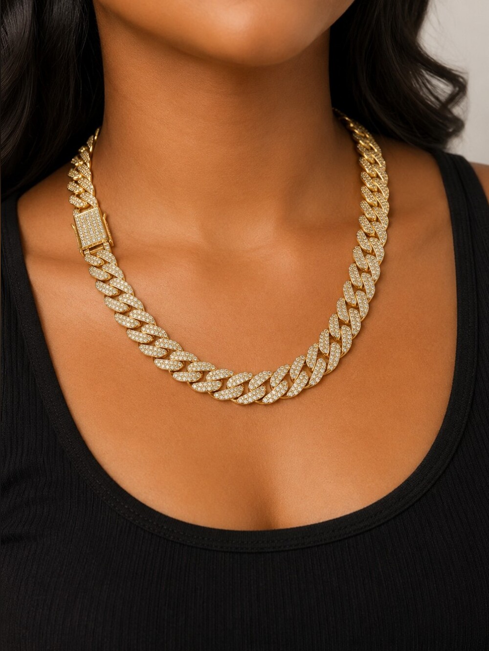 20" Gold Stainless Steel Iced Cuban Link Necklace